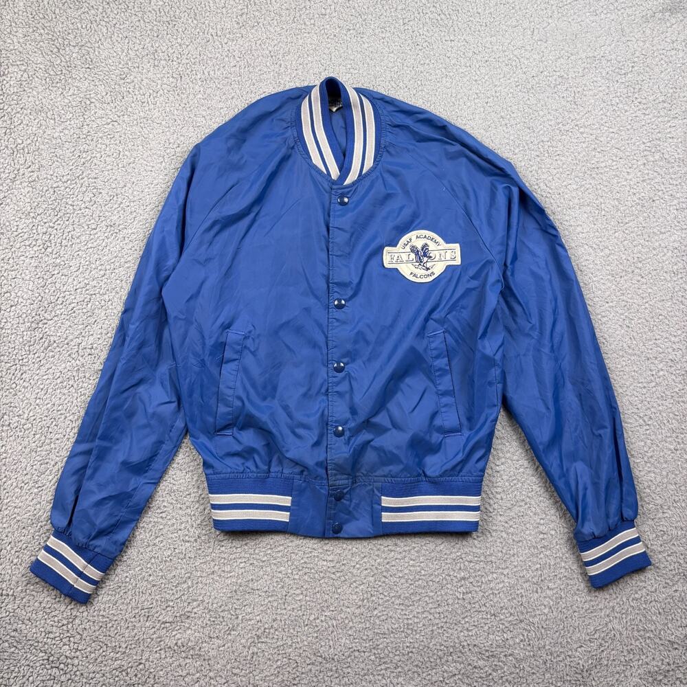 VTG Chalk Line Jacket Mens Medium Blue USAF Falcons Military Bomber Satin Coat
